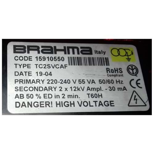 BRAHMA TC2SVCAF Elektronik Ateşleme Transformatörü 15910550 220-240V 55VA 50/60Hz 2 x 12kV 50%